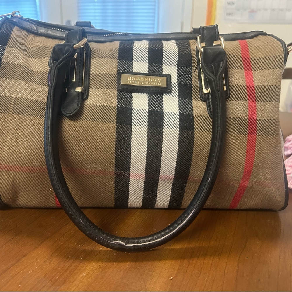 Burberry Checkered Satchel in Tan, Black, and Red